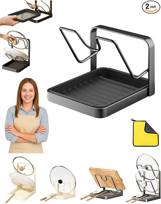 Kitchen Pot Lid Storage Rack, Pot Lid Holder with Tray, Lid Holder While Cooking, Lid and Spoon Rest, Multifunctional Kitchen Organizer Stand, No More Pools of Gross Water (Grey-Single layer)