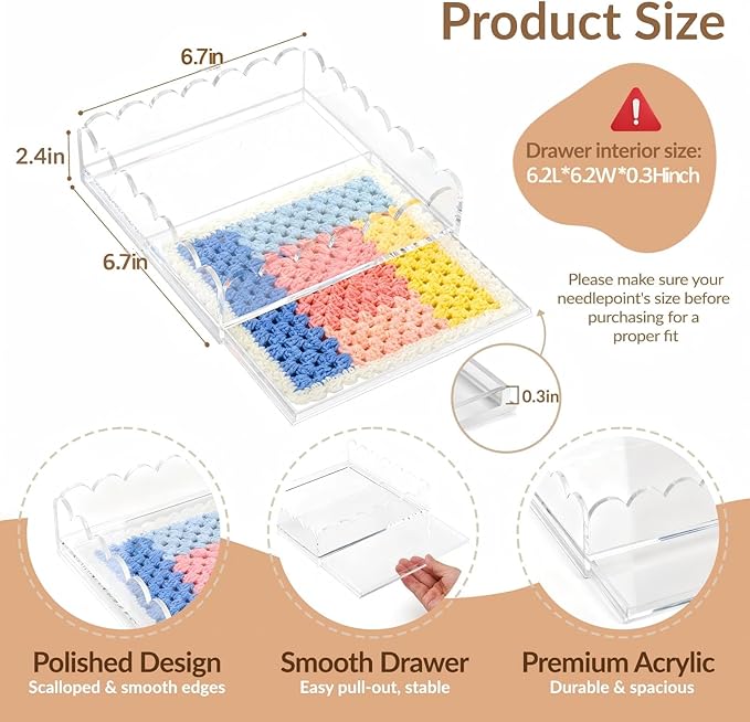 Scalloped Acrylic Tray for Needlepoint Inserts, 6.7" x 6.7" Clear Acrylic Tray with Drawer, Compatible for Art, Photos, Fabric & Custom Displays, Decorative Gift for Home or Office