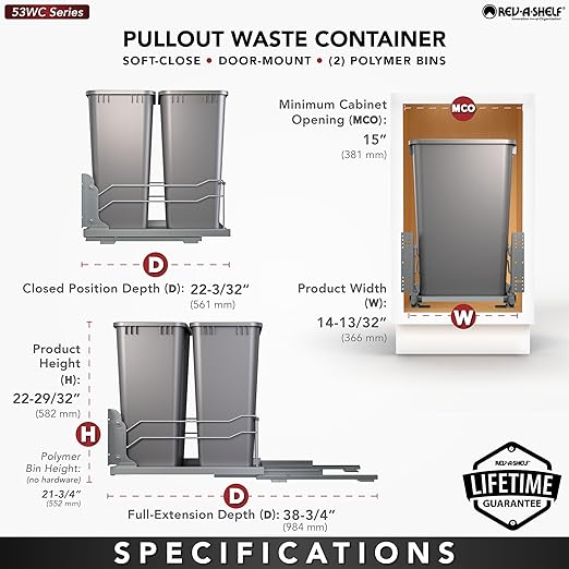 Rev-A-Shelf Double Pullout Trash for Full Height Kitchen Cabinets 50 Quart 12.5 Gallon with Soft-Close Slides, Metallic Silver, 53WC-2150SCDM-217