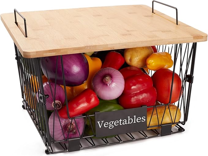 【XXL Big Size】1 Pack Stackable Wire Storage Baskets with Wood Lid- Pantry Cabinet Organization, Kitchen Counter Basket for Fruit Vegetable -Large Metal Bin for Pantry Organization and Storage, Black