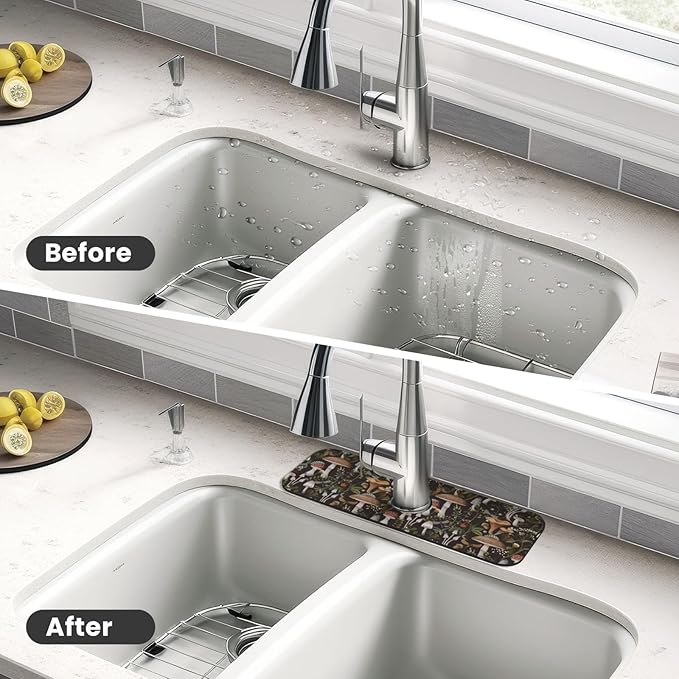 Mushroom Mushrooms Fern Forest Autumn Kitchen Sink Splash Guard Faucet Mat Super Absorbent Fast Drying Mat Sink Gadgets-Fast Drying Pad Sink Mat For Kitchen Bathroom (15" X 5.5" )