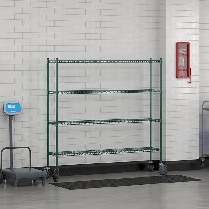Commercial NSF Listed Green Epoxy Mobile Wire Shelving Kit 12" x 60" x 60", with 4 Shelves Perfect for Warehouse, Walk-in Refrigerator, Freezer, Grocery Store, Restaurant, Dishroom