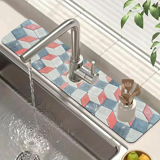 Red Gray Tile Kitchen Sink Splash Guard Faucet Mat Red White Diamond Super Absorbent Fast Drying Mat Sink Splash Guard Behind Faucet for Kitchen Bathroom, 23.5"x5.5"