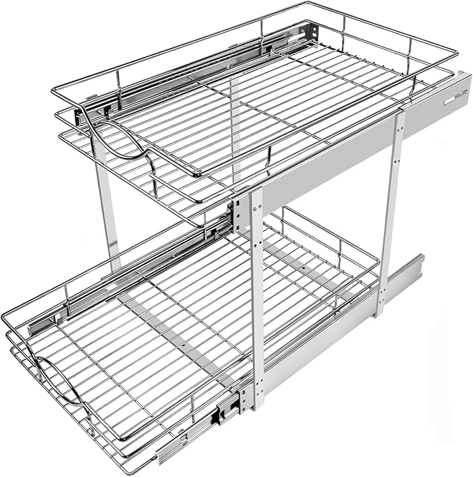Pull Out Cabinet Organizer 14" W x 21" D 2-Tier Individual Slide Out Drawer Pantry Shelf Storage for Kitchen Base Cabinet Organization for Kitchen, Bathroom, Pantry, Chrome