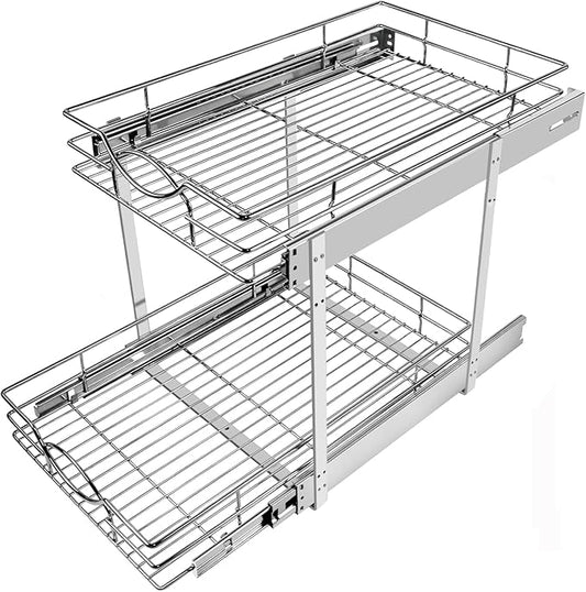 Pull Out Cabinet Organizer 20" W x 21" D 2-Tier Individual Slide Out Drawer Pantry Shelf Storage for Kitchen Base Cabinet Organization for Kitchen, Bathroom, Pantry, Chrome