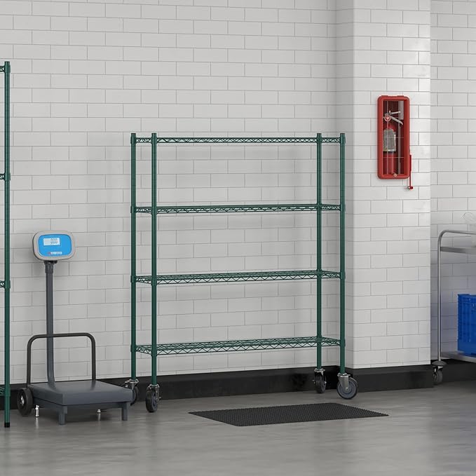 Commercial NSF Listed Green Epoxy Mobile Wire Shelving Kit 12" x 48" x 60", with 4 Shelves Perfect for Warehouse, Walk-in Refrigerator, Freezer, Grocery Store, Restaurant, Dishroom