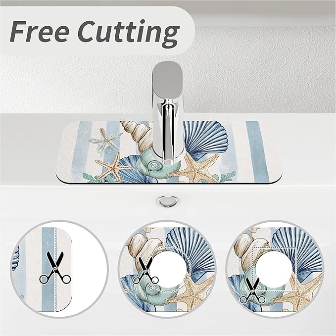 Kitchen Sink Splash Guard，art seashells starfish Faucet Mat Sink Gadgets-Super Absorbent Fast Drying Mat Drip Catcher for Kitchen, Bathroom,Sink Mat, Dish Drying Mat, Bathroom(15" X 5.5" )