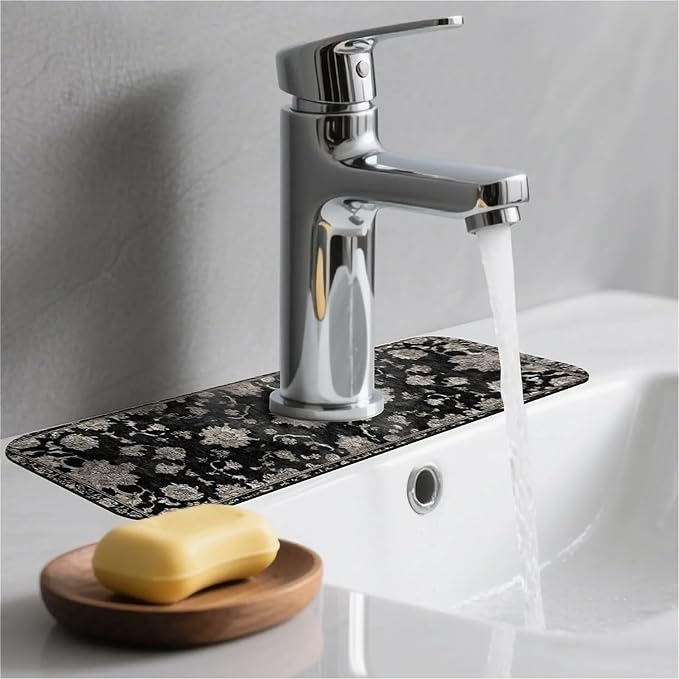 Kitchen Sink Splash Guard，Beige floral Faucet Mat Sink Gadgets-Super Absorbent Fast Drying Mat Drip Catcher for Kitchen, Bathroom,Sink Mat, Dish Drying Mat, Bathroom(15" X 5.5" )