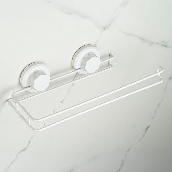 HASKO Suction Cup Paper Towel Holder, Wall Mount Metal Organizer for Bathroom & Kitchen, SUS 304 Stainless Steel Tissue Roll Hanger, Includes Optional No Drill Adhesive Mount, White