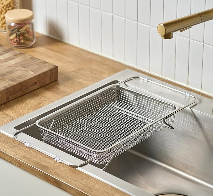 Extendable Dish Rack with Feet, Vegetable Colander Basket, Stainless Steel Dish or Silverware Drying Rack, Ultimate Kitchen Organizer Over The Sink (12.99 x 9.65 x 2.76 Inches)