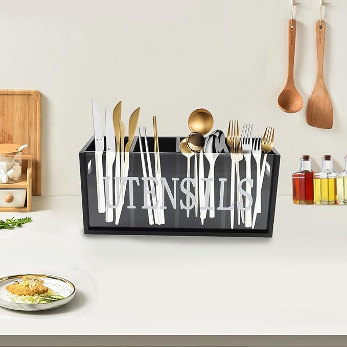 Utensil Holder, Wooden Utensil Organizer with Handles, Large 4 compartments Utensil Crock, Farmhouse Kitchen Decor, Black Utensl Storage Caddy for Silverware Spoons Spatula Forks and Knives