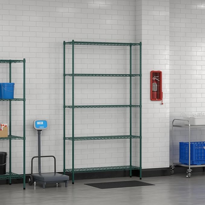 Commercial NSF Listed Green Epoxy Stationary Wire Shelving Kit 14" x 48" x 86", with 5 Shelves Perfect for Warehouse, Walk-in Refrigerator, Freezer, Grocery Store, Restaurant, Dishroom