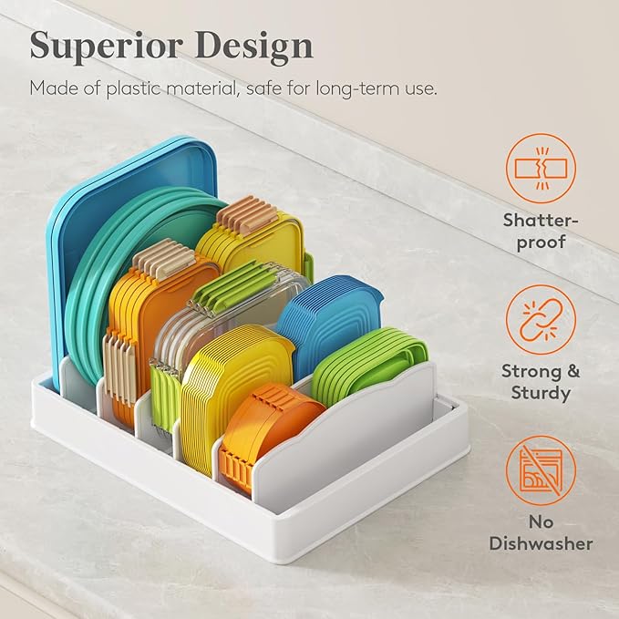 Lifewit Plastic Adjustable Lid Organizers Inside Cabinet, Lid Holder with 6 Dividers & 7 Sections for Kitchen Organization and Storage, Plate, Bowl Organizer for Tall Drawer and Pantry, 13" x 10"