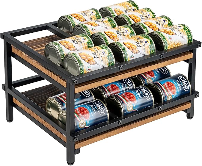 MyGift 2-Tier Can Holder for Pantry, Canned Goods Organizer, Countertop Soup Can Storage Dispenser Rack, Holds 10 to 15 oz Can Sizes, Urban Industrial Matte Black Metal and Rustic Burnt Solid Wood