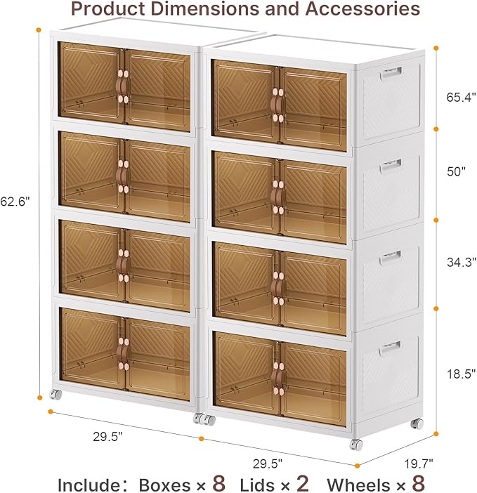 VNVTO 1280Qt Stackable Storage Bins with Lids, 8 Pack Large Collapsible Bins with Wheels, Plastic Cabinet with Doors, Foldable Closet Organizers and Storage for Home, Dorm, Office, White