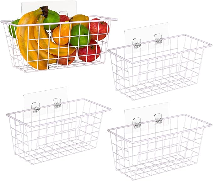 Deertaip Adhesive Basket Wall Wire Basket Over the Cabinet Door Organizer No Drilling Mounted 4 Pack, White