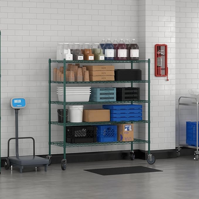 Commercial NSF Listed Green Epoxy Mobile Wire Shelving Kit 21" x 54" x 60", with 5 Shelves Perfect for Warehouse, Walk-in Refrigerator, Freezer, Grocery Store, Restaurant, Dishroom