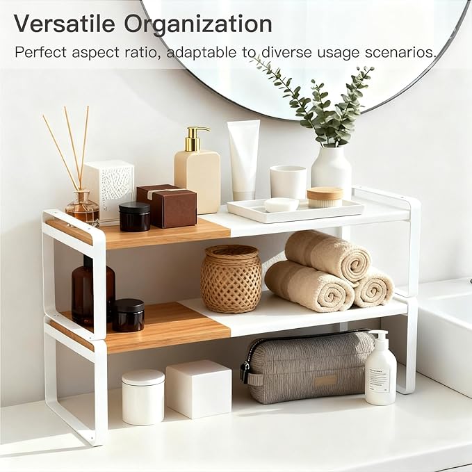 Cabinet Shelf Organizer, Expandable Riser for Kitchen Counter, Stackable Shoe Shelf Entryway, Bamboo Cupboard Pantry Rack, Bathroom Storage (Natural Bamboo & White, 1 Pack)