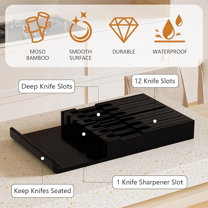 Domax Bamboo In-drawer Knife Block - Knife Drawer Organizer Insert Large Handle Steak Knife Holder, Kitchen Drawer Knife Organizer Fits for 12 knives and 1 Sharpening Steel (Not Included), Black