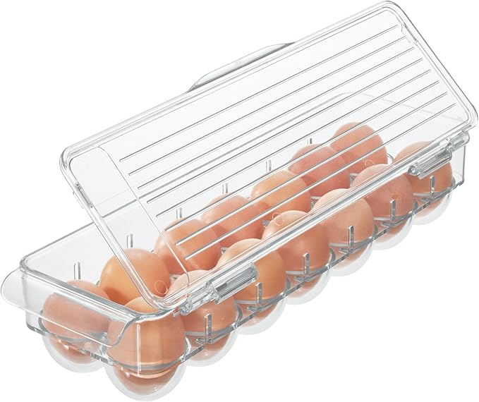 iDesign Minimalist Clear Plastic Recycled Egg Holder - Holds 14 Eggs - Fridge & Freezer - Portable Handle - Stackable - 14.6 x 4.3 x 3 inches