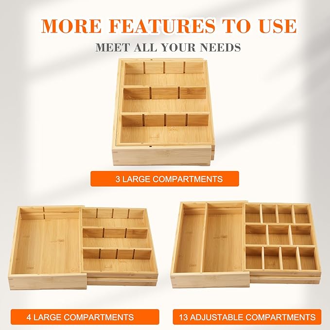1 Pcs Bamboo Desk Drawer Organizer Wood 2 Inch Height Expandable Drawer Organizer Trays with 8 Adjustable Compartments Desk Accessories for Makeup Silverware Office Bathroom(Natural)