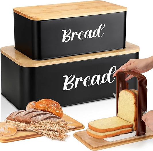 2 Pcs Extra Large Bread Box with Slicer, Metal Farmhouse Bread Storage Container with Bamboo Cutting Board Lids Multi-size Breadbox Set for Kitchen Countertop(Black)