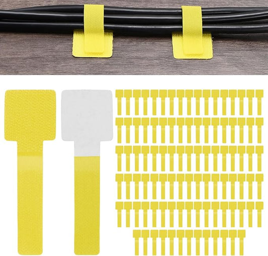 M METERXITY 100-Pack Hook and Loop Cable Ties, 3.5 x 1.1 Inch Enhanced Self-Adhesive Cord Organizer for Desk/Home/Wall/Office Essentials, Cable Management Under Desk [Yellow]