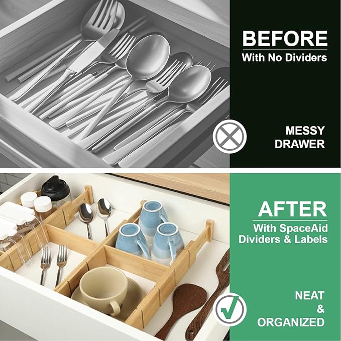 4 Pack Bamboo Drawer Dividers with Inserts and Labels – Adjustable Kitchen Drawer Organizers, Expandable Storage Solutions for Home, Office, Dressers (17-22 Inches)