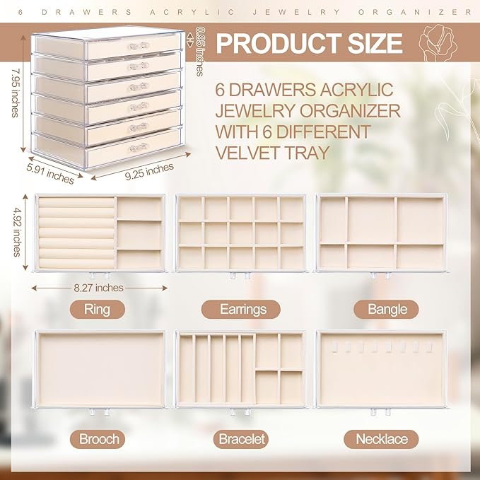 6 Drawer Clear Acrylic Jewelry Organizer with Velvet Lined Trays, Jewelry Box with Drawers for Earrings, Rings, Necklaces, Brooch, Bracelets, Watches, Stackable Storage Organizer for Women, Gift Ready