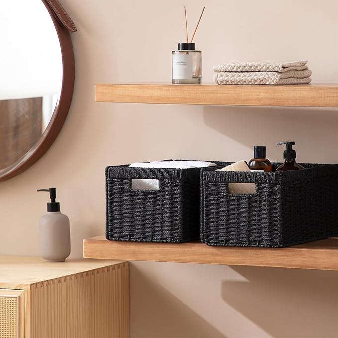 joybest Black Wicker Storage Baskets, Hand-Woven Paper Rope Wicker Baskets for Organizing, Foldable Rectangular Storage Organizer Bins for Shelves with Built-in Handles 13.4L x 8.3W x 7.1H Set of 3