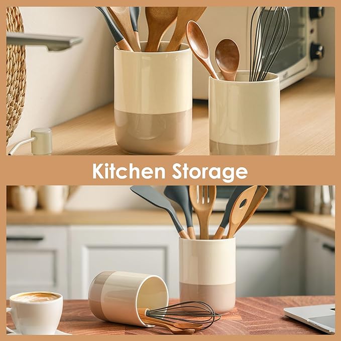 Ceramic Utensil Holder Set, 6.3''+5.3'' Cooking Utensil Crocks for Kitchen Counter, Modern Design Cooking Tool Organizer Set of 2, 800ml+1300ml Ideal for Spatula, Cutlery, Makeup, Flower Vase