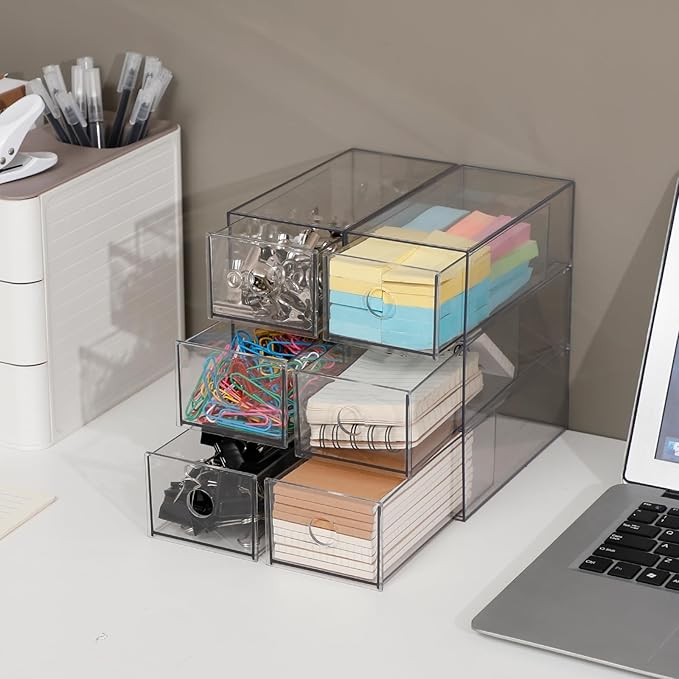 Plastic Storage Drawers, Home Office Supplies Organizer for Bathroom, Kitchen, Pantry, Coffee Bar, Clear Desk Accessories Box for Marker, Art Crafts, Makeup (12 Drawers)