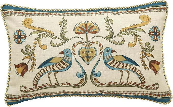 patdrea Designer Rectangle Throw Pillow Covers,Farmhouse Blue Linen with Birds Floral Pattern Pillow Cover,Decorative Lumbar Pillowcases Cushion for Bed Living Room Outdoor Car,12"x20"