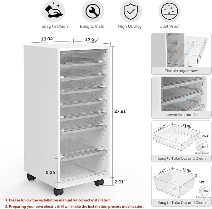 WOPITUES Storage Drawer Cart, Mobile Storage Cabinet, Makeup Storage with 8 Clear Drawers, Utility Wooden Rolling Cart on Wheels, for Cosmetic, Art Craft, Office Supplies, Toy, White