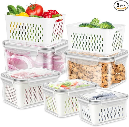 TBMAXS 5 Pack Fruit Storage Containers for Fridge, Produce Saver Vegetable Container with Drain Colanders - Refrigerator Organizer for Lettuce Keepers Berry Container