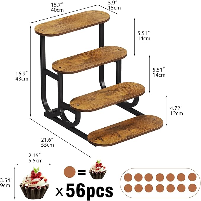 Rustic Stepped Cupcake Stand for 50 Cupcakes 4-Tier Wooden Display Stand with Metal Frame Dessert Table Riser Shelf for Part, Bakery Farmers Market or Home Decor (Rustic Brown)