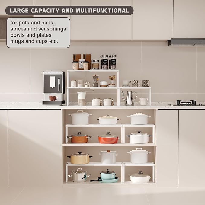Expandable Cabinet Shelf Organizer, 2 Pack Stackable Kitchen Counter Shelf Riser, Metal Spice Rack Adjustable Heavy Duty Countertop Organizer Storage for Kitchen, Pantry, Cupboard, Rv (White)