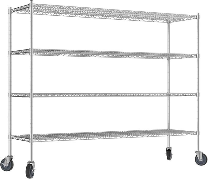 Commercial NSF Listed Chrome Mobile Wire Shelving Kit 21" x 72" x 60", with 4 Shelves Perfect for Warehouse, Walk-in Refrigerator, Freezer, Grocery Store, Restaurant, Dishroom