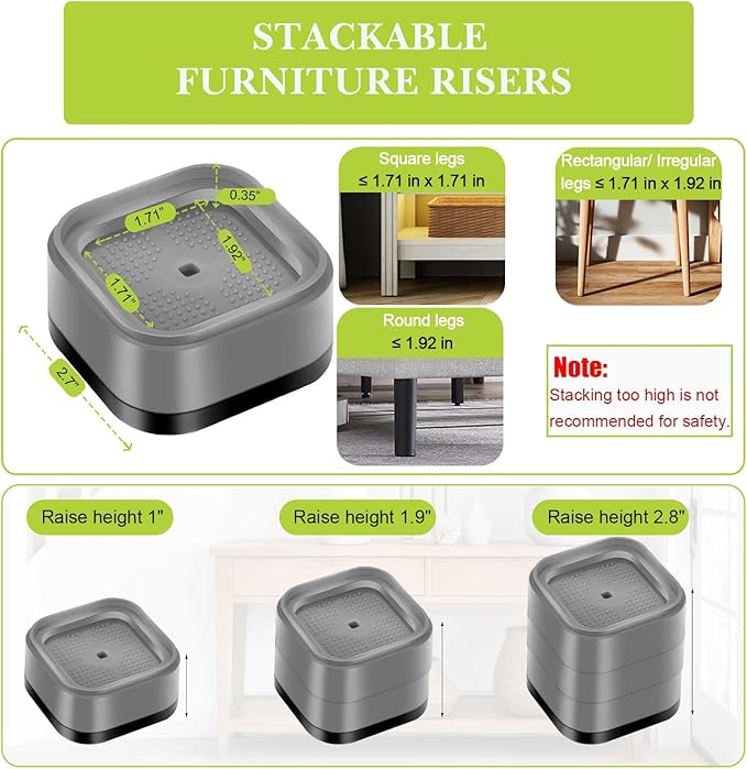 16 Pack Furniture Risers 1, 2 or 3 Inch, Adjustable Bed Risers Heavy Duty For Table Desk Couch Chair Sofa Cabinet Bed Legs Dorm, Square Stackable Bed Raisers Blocks Lift Height 1", 2" or 3", Grey