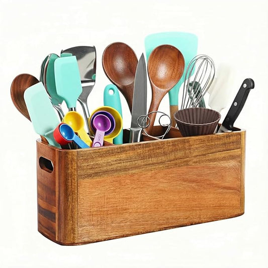 Large Wooden Utensil Holder for Kitchen Countertop - 4 Compartment Acacia Wood Organizer & Utensil Caddy for Cooking Tools, Wall Mountable
