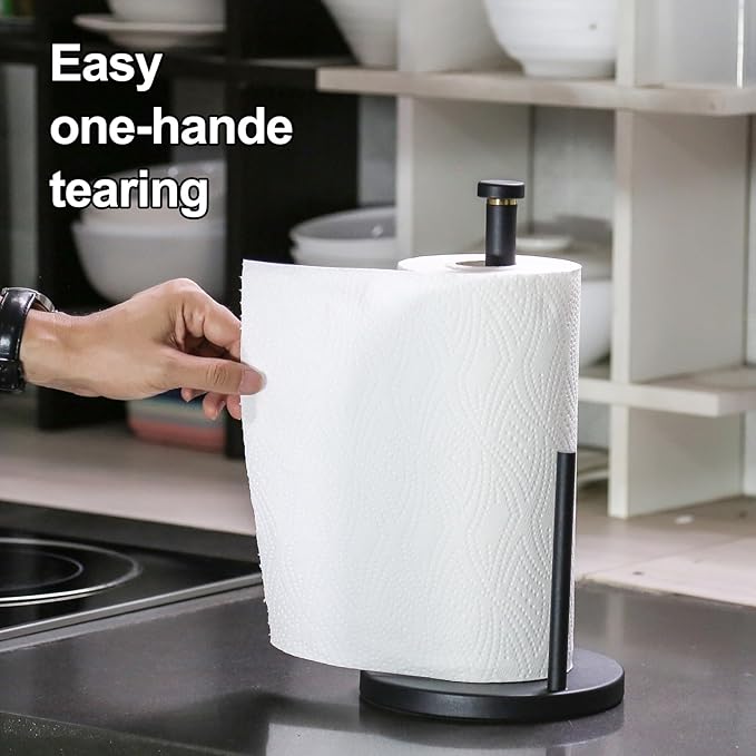 Black Paper Towel Holder Countertop, Black Stainless Steel Paper Towel Holder for Kitchen Bathroom with Anti Slip Weighted Base, Kitchen Roll Holder Fit Standard and Large Rolls
