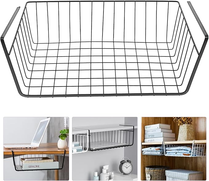 KESYOO under Shelf Storage Basket Wire Organizer Iron Hanging Cabinet Rack Black Removable Kitchen Pantry Organizer for Cabinet and Closet