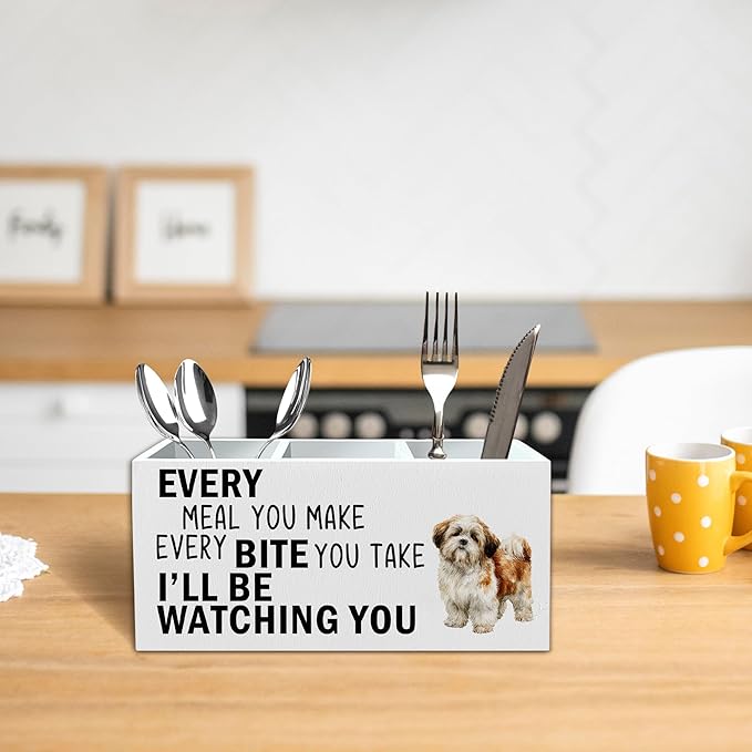 Shih Tzu Dog Kitchen Utensil Holder for Countertop, Dog Decorative Lover Gifts, Funny Every Meal You Make Every Bite You Take Wooden Utensil Holder Organizer for Kitchen Table Decor