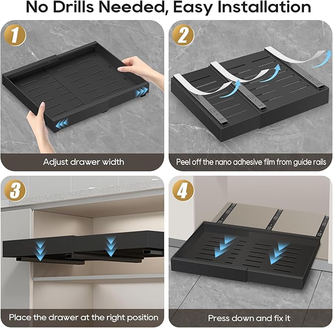 Expandable Pull Out Cabinet Organizer 21" Deep, 3 Rails Slide Out Drawer for Kitchen Cabinet, Adjustable No Drill Roll Out Shelf Adhesive with Nano Film 12.2"-20.5" W Black 1 Pack