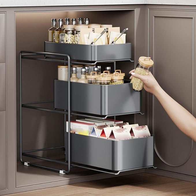 Under Kitchen Sink Organizer 3 Tier Under Sink Organizer with Sliding Storage Drawer Space Saving Steel Pull Out Shelf Large Capacity Under Bathroom Cabinet Organizer for