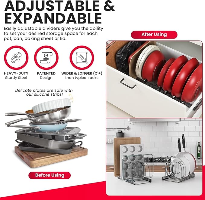 Better Things Home BTH 12-Slot Adjustable Pan and Pot Lid Organizer with Scratch-Free Pads, Expandable Pot Lid Holder Rack for Cabinet, Pots and Pans Organizer Inside Cabinet