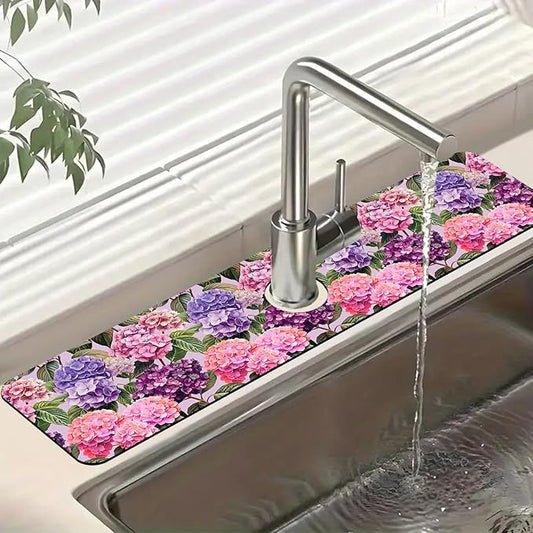 Colorful Hydrangea Kitchen Sink Splash Guard Faucet Mat Purple Pink Hydrangea Super Absorbent Fast Drying Mat Sink Splash Guard Behind Faucet for Kitchen Bathroom, 23.5"x5.5"