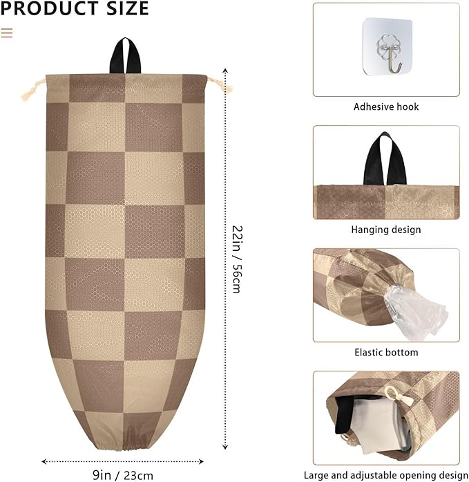 Plastic Bag Holder Wall Mount Grocery Bag Shopping Bag Storage Holder Organizer Dispenser with Adhesive Hook,for Kitchen Bathroom Home Decor 9x22 Inches Checkered Brown03