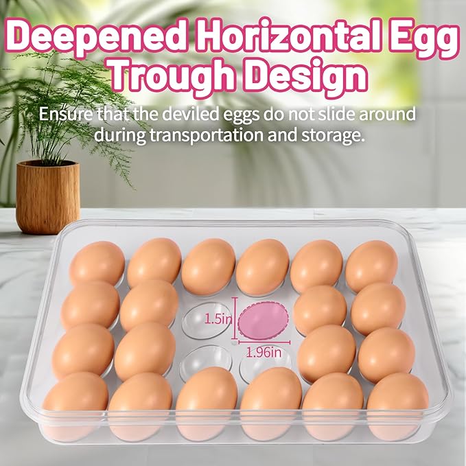 RoskDeewat Deviled Egg Containers with Lid, 2 Pack Thick Clear Plastic Deviled Carrier with Handle Storage 48 Eggs, Stackable Egg Holder Portable Tray Platter for Fridge, Travel, Party-Pink