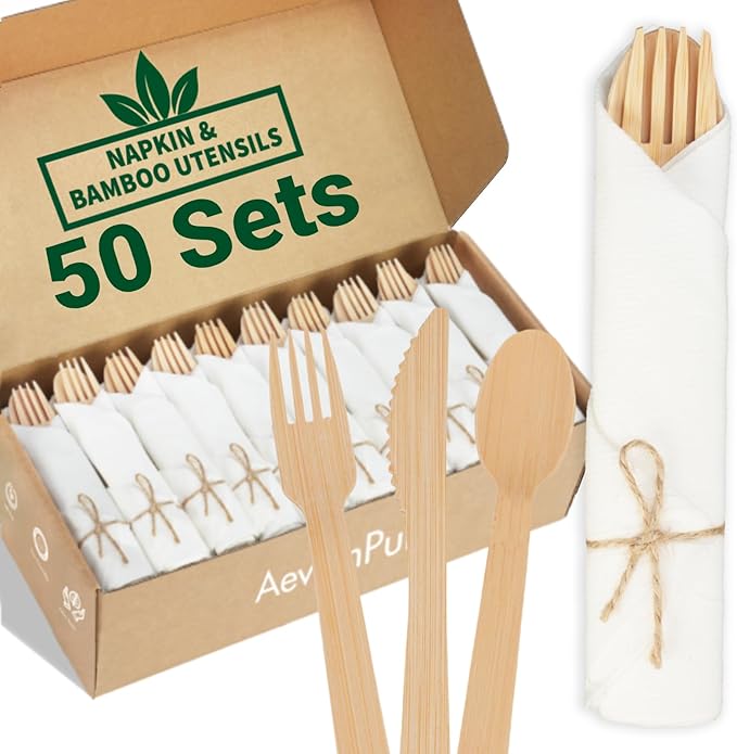 Pre Rolled Napkin and Bamboo Cutlery Set - 50 Sets (200 PCS)Disposable Wrapped Bamboo Utensils (50Forks,50Spoons,50Knives,50Compostable Napkins)-Wooden Silverware/Wrapped Plastic Tableware Alternative
